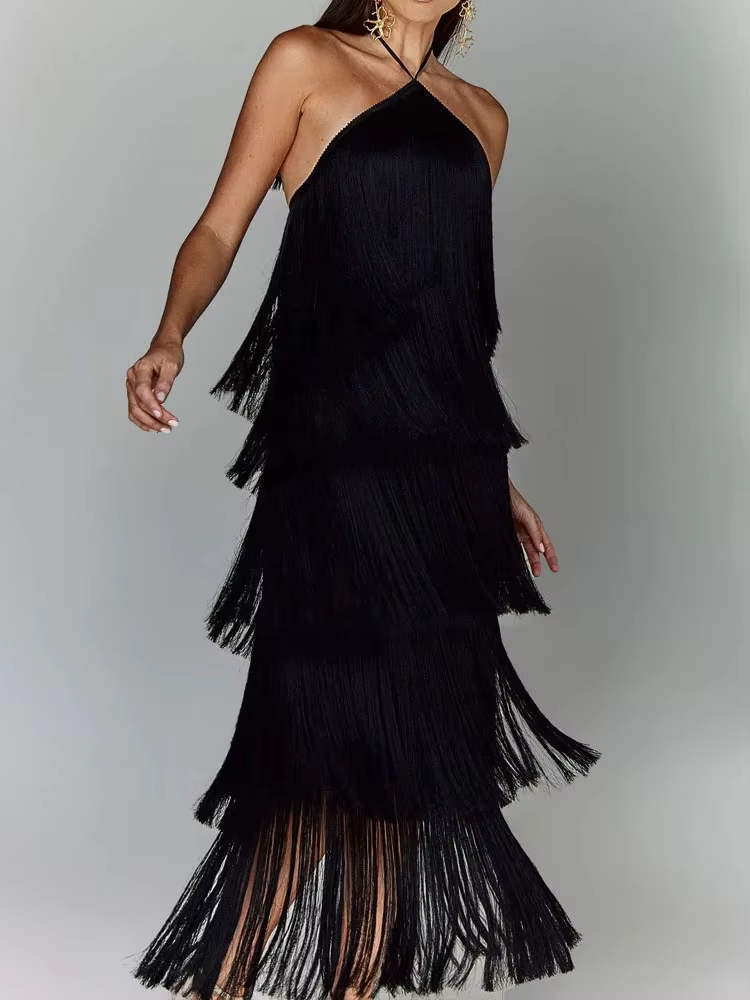 Robe de soirée Chic pour femmes, couleur métallique, Sexy, col licou, à lacets, élégante, dos nu, sa