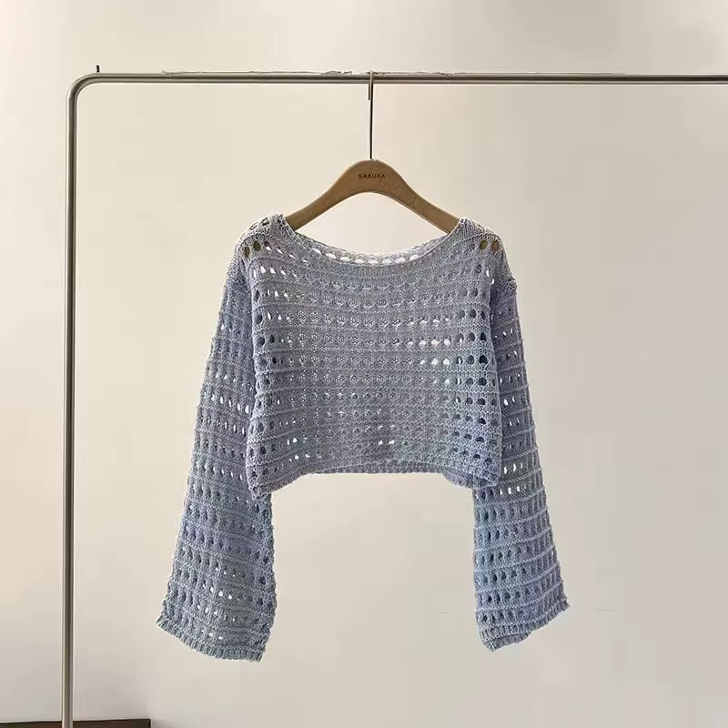 Haut en tricot au Crochet à manches longues pour femmes, Cover-Up pour Bikini de plage, pull court e