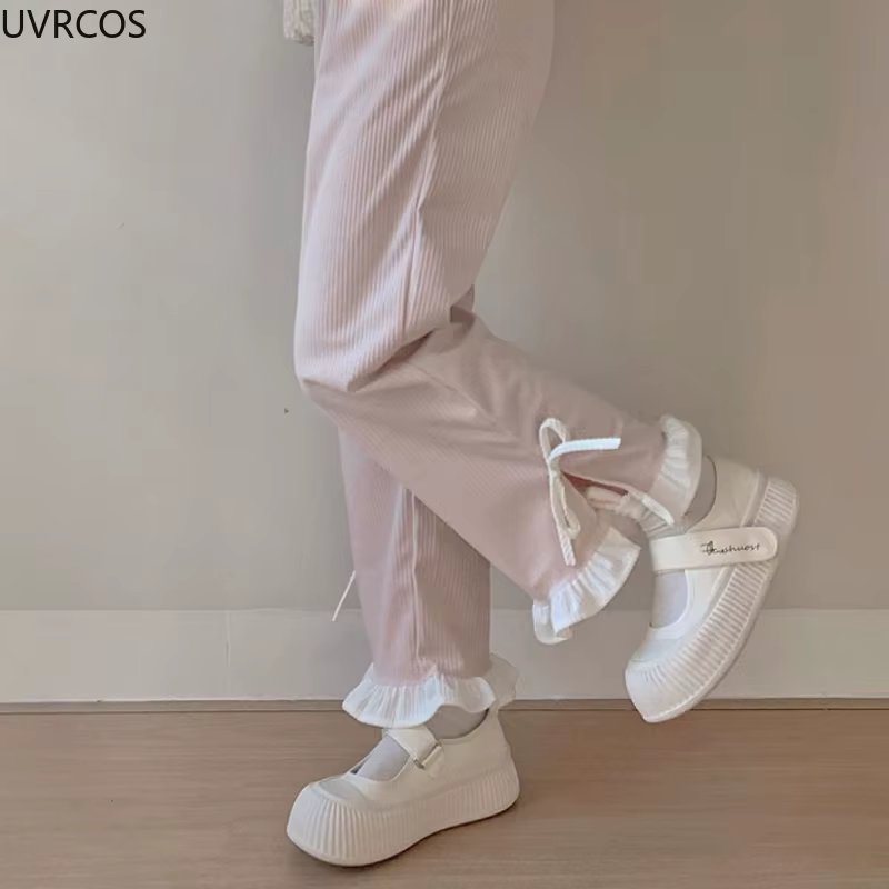 Pantalon en velours côtelé à nœud rose pour femme, style Sweet Lolita, volants Kawaii, bandage latér