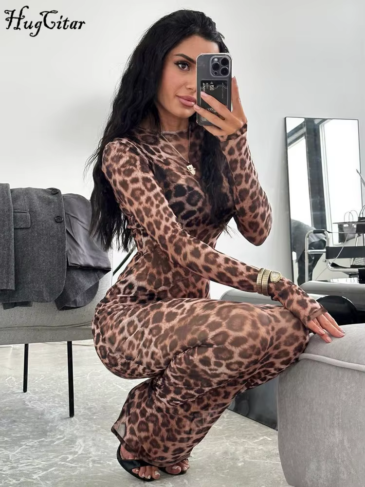 Hugcitar imprimé léopard maille à manches longues Sexy mince voir à travers Maxi robe automne femmes