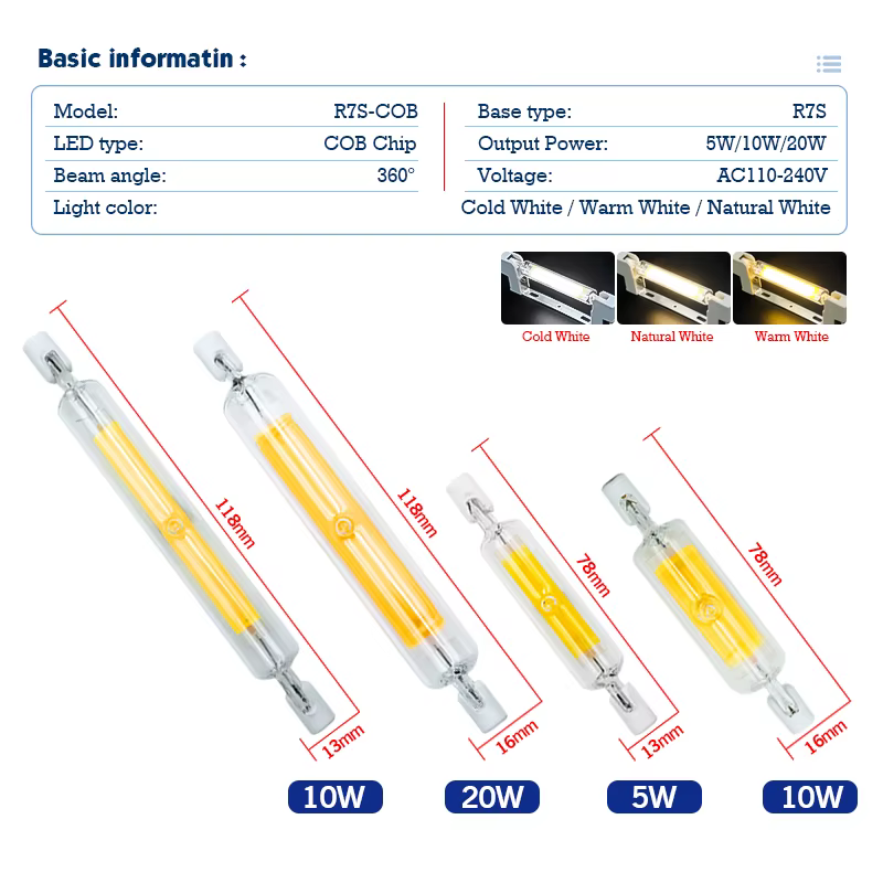 Ampoule LED haute puissance R7S en Tube de verre COB, céramique 110V 220V 78MM 118MM, lampe épis de 