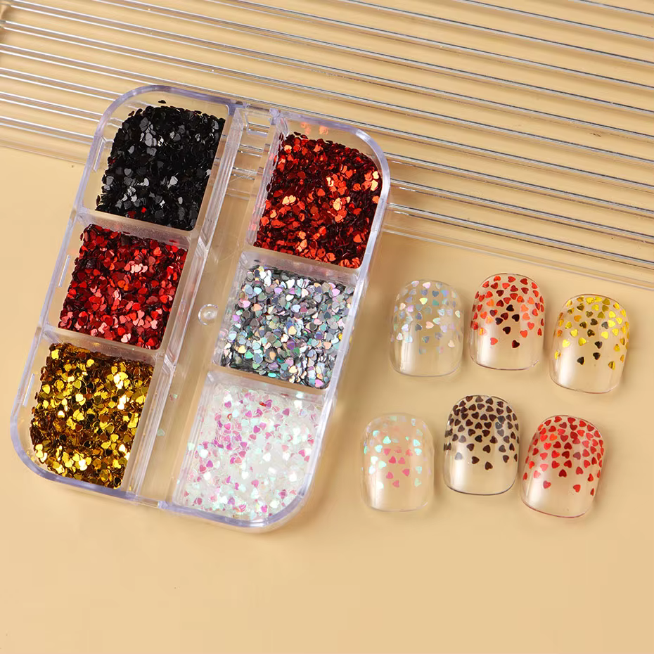 6 grilles Y2K mignon coeur paillettes ongles paillettes Kawaii Mini Laser doré argenté amour flocon 