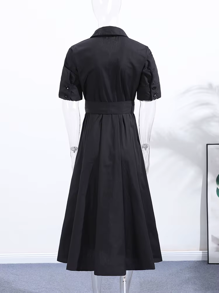 Nouvelle Robe Longue Plissée Noire Élégante pour Femme avec Ceinture, Manches Longues et Col Revers,