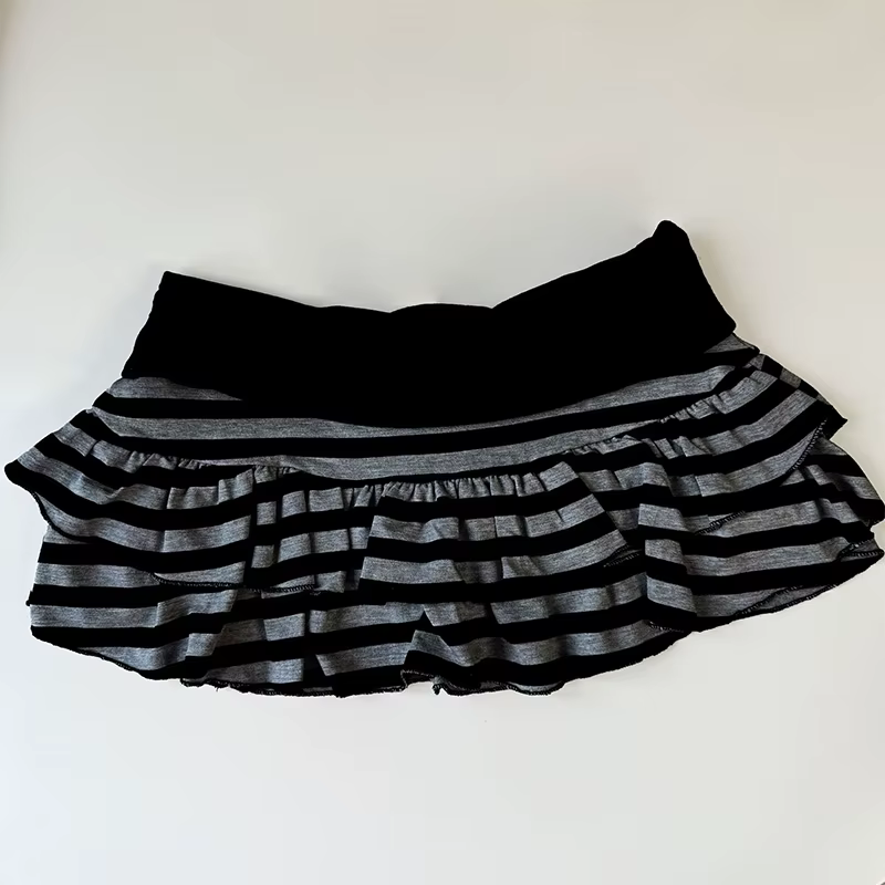 Mini jupe à volants rayée noire et grise, vêtements pour femmes Y2K Grunge, taille haute, taille éla