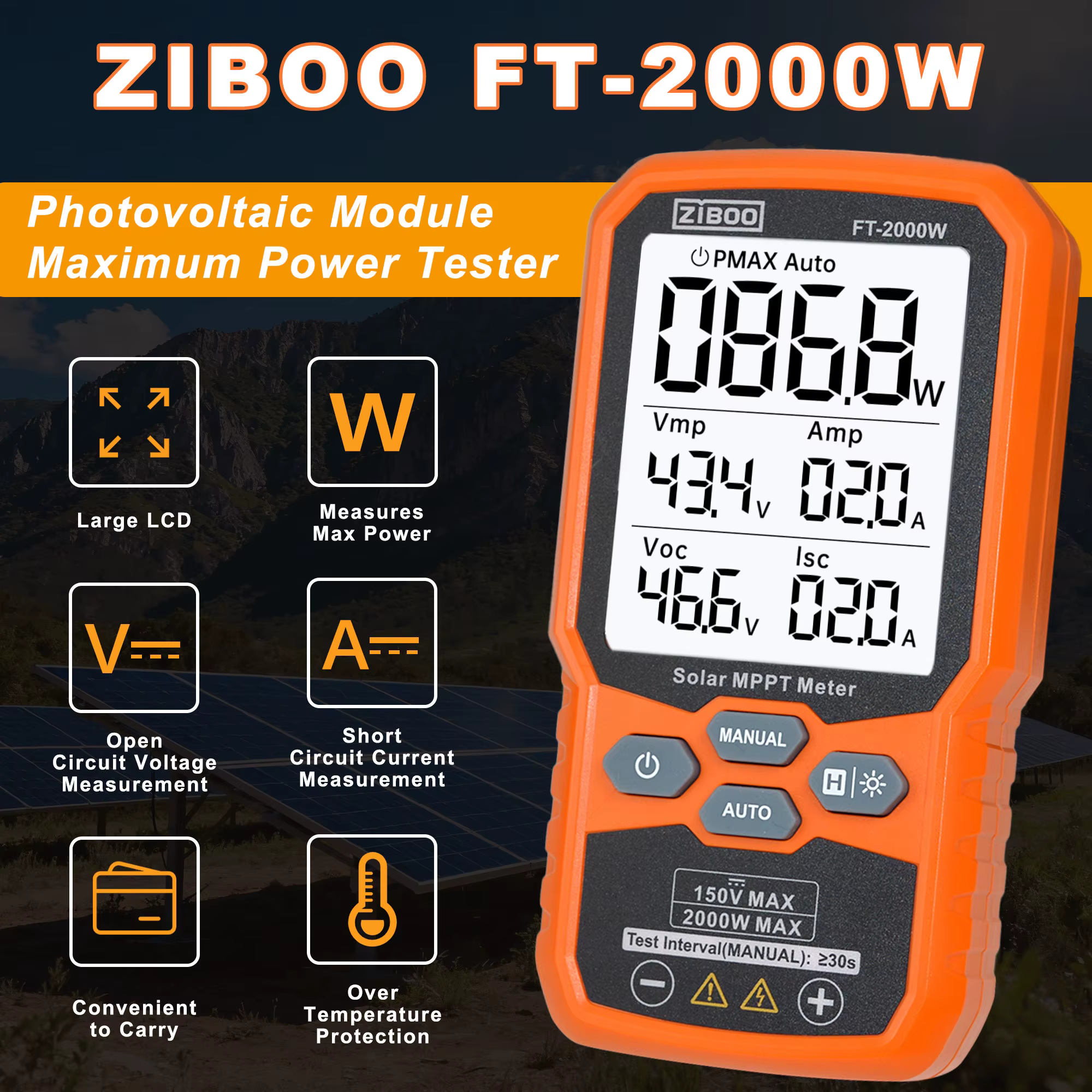 ZIBOO FT-2000W testeur de panneaux solaires compteur MPPT tension de Circuit ouvert et courant de co