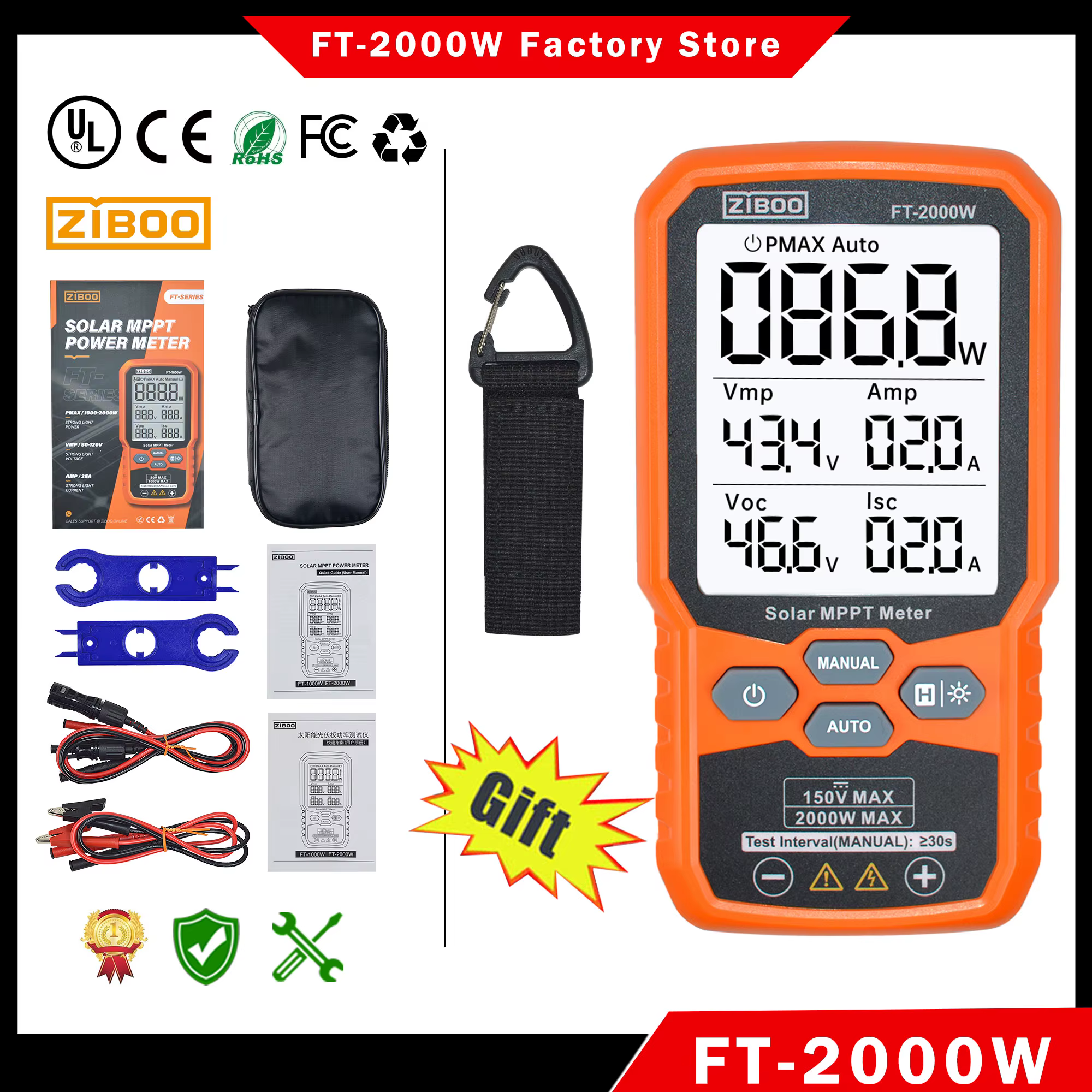 ZIBOO FT-2000W testeur de panneaux solaires compteur MPPT tension de Circuit ouvert et courant de co