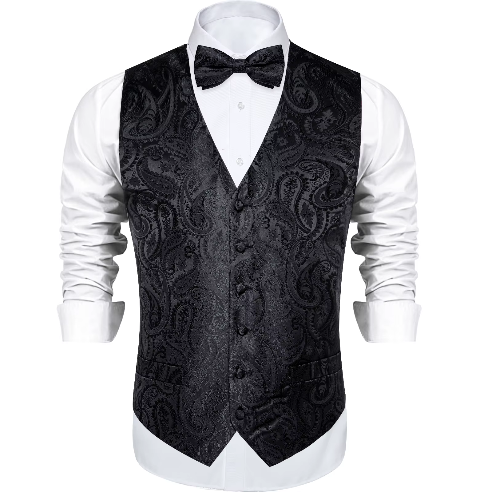 Gilet de costume Paisley noir solide pour hommes, avec cravate, nœud papillon, mouchoir, boutons de 