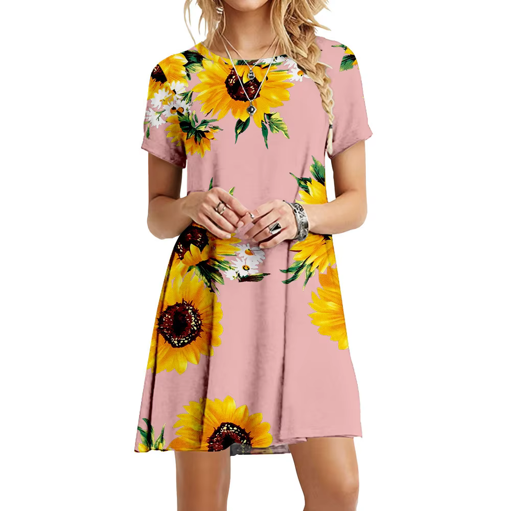 Robe à imprimé tournesol Boho pour femmes, robes à col rond pour dames, manches courtes, décontracté