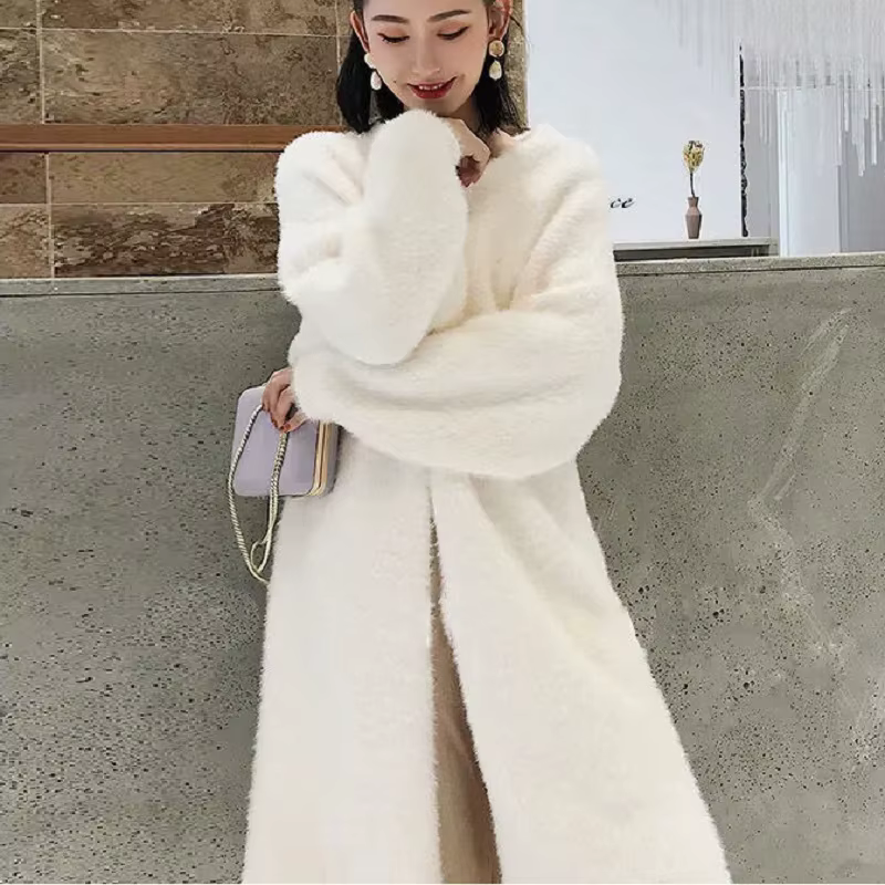 Cardigan long blanc pour femme, nouvelle collection hiver 2026, tricoté, moelleux, à manches longues
