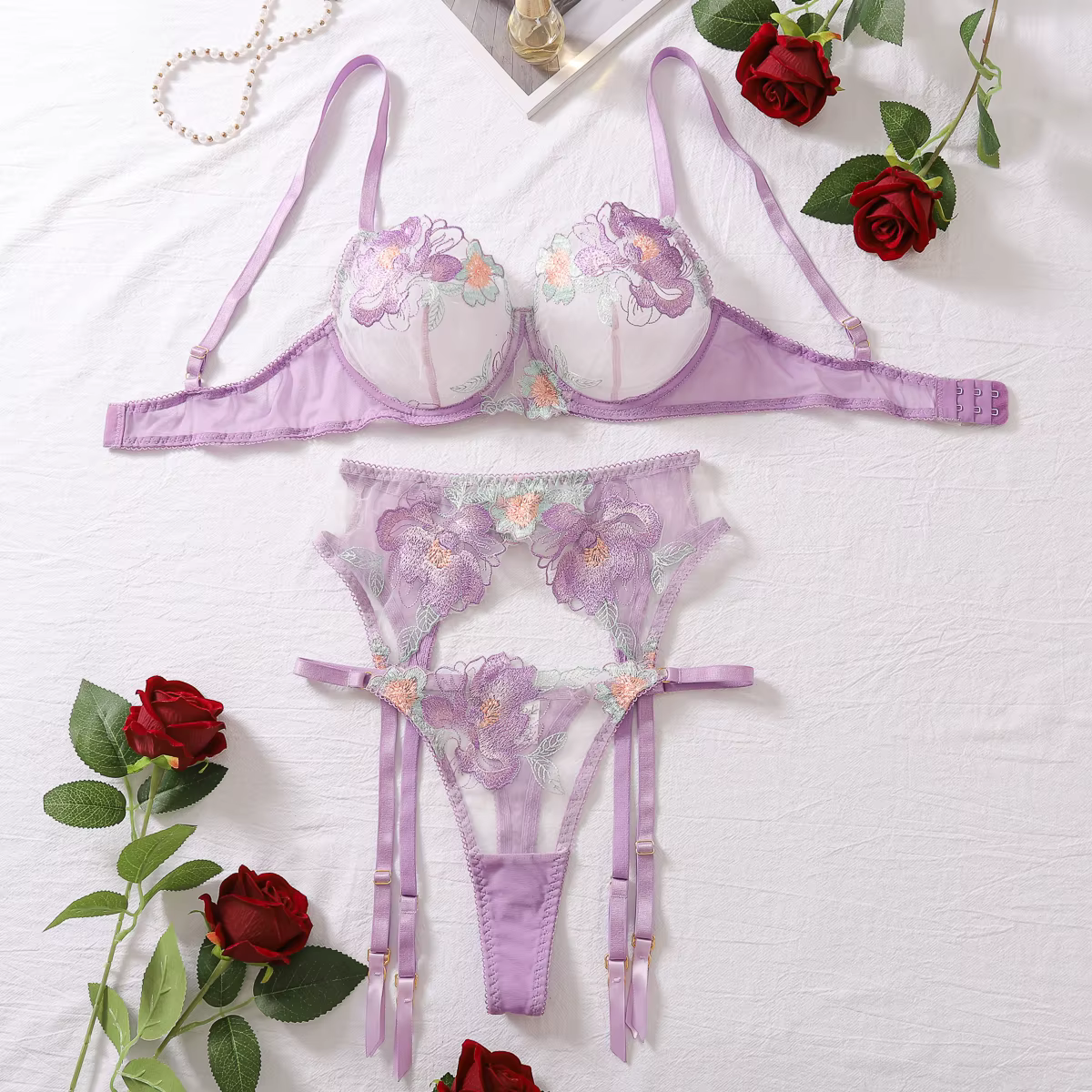 AVELINE-Ensemble de lingerie 3 pièces pour femme, soutien-gorge push-up, jarretelles transparentes, 