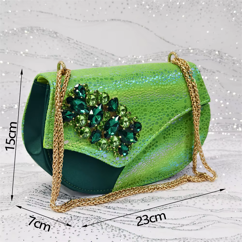 Ensemble de chaussures et de sacs africains à strass, nouveau design vert, talons confortables à bou
