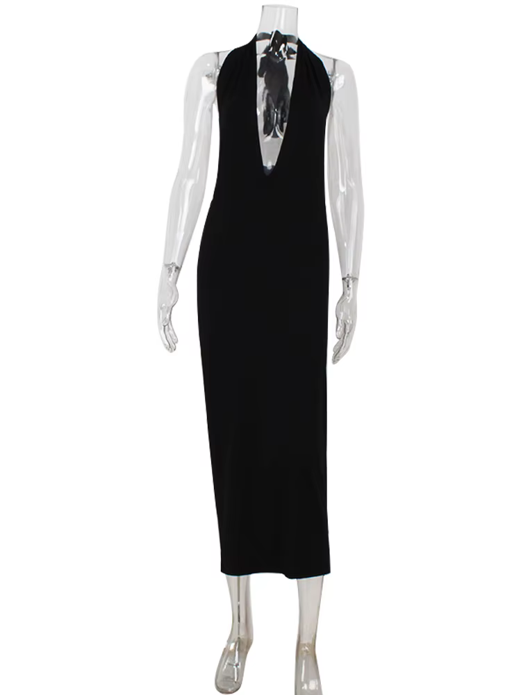 Ahagaga mode licou femmes Maxi Robes solide col en v profond sans manches noir pansement gaine moula