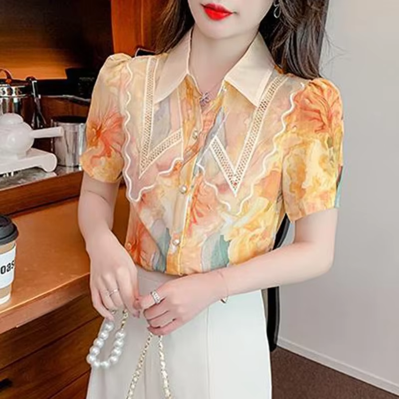 Chemisiers d'été en mousseline pour femmes 2026 – Blouses élégantes à imprimé floral, style coréen v