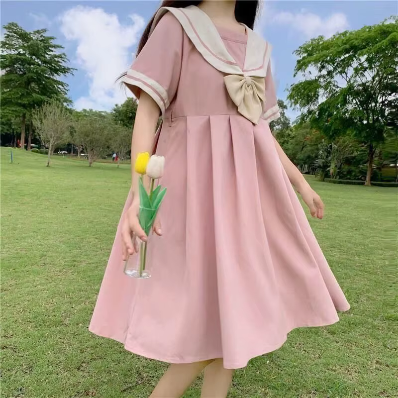 Robe d'été Style Preppy Jk, col marin, Boudoir, avec nœud, manches courtes, pour étudiante, jolie ro
