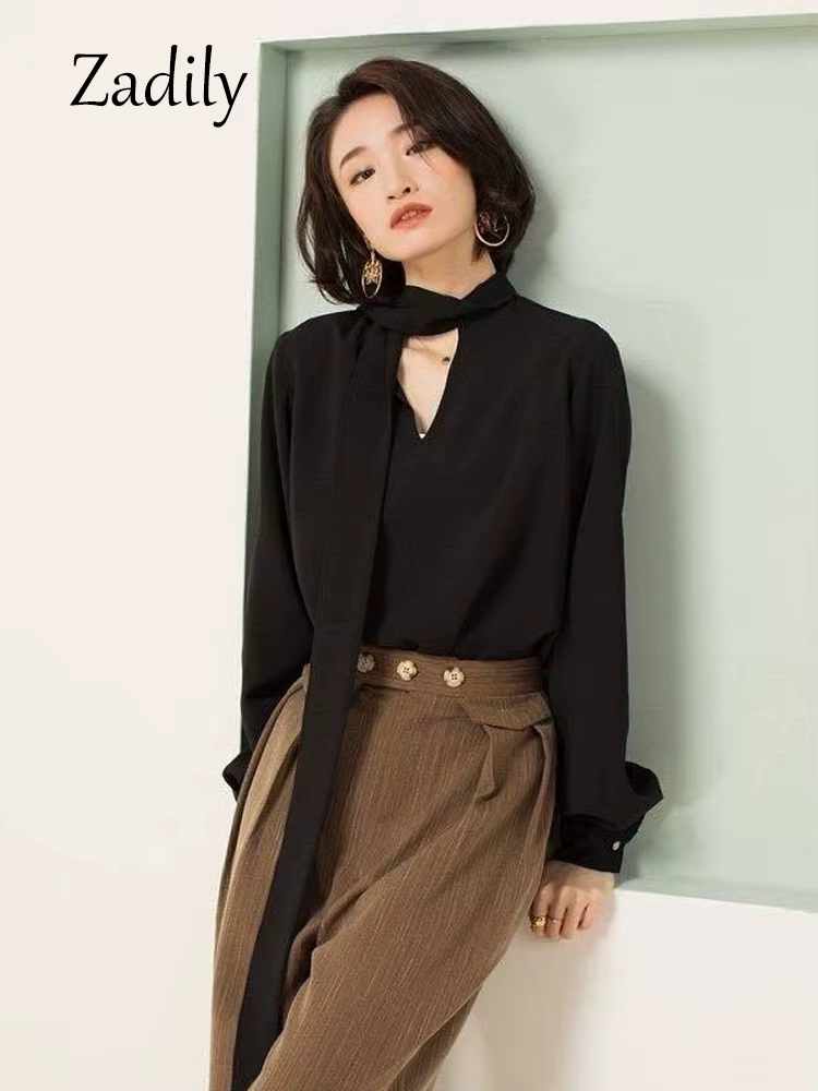Dignily-Chemisier noir en mousseline de soie pour femme, chemise à manches longues, col en V, vêteme