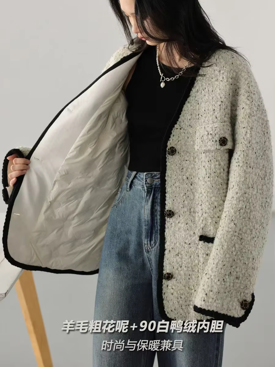 CHIC VEN-Manteau en laine vintage pour femme, veste en duvet, col en V, rapIndustry, automne, hiver,