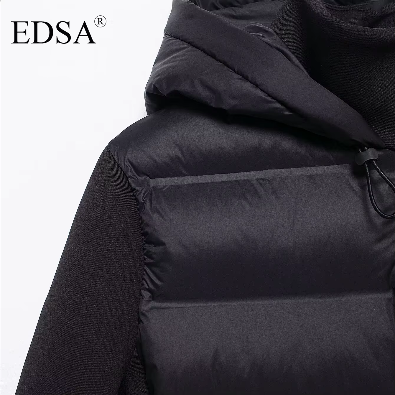 EDSA Veste rembourrée noire pour femme, capuche réglable avec bouchons, col haut, manches longues, p