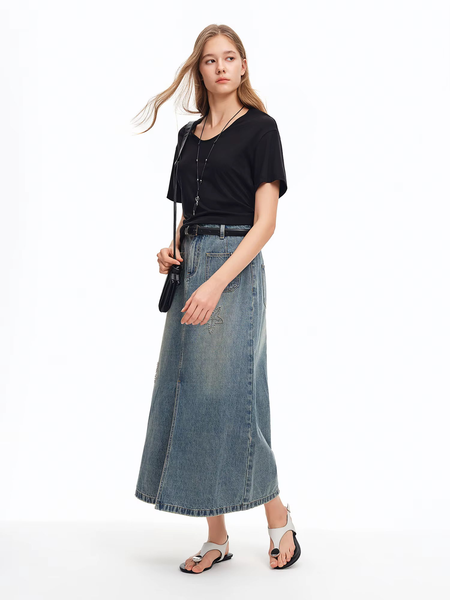 DUSHU 2026 Nouvelle Jupe Midi en Jean Brodé Étoile de Mer pour Femme, Jupe Longue Vintage Coupe Trap