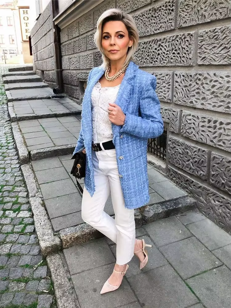 Tweed – veste Vintage ample et élégante pour femme, vêtement d'extérieur Chic, à la mode, décontract