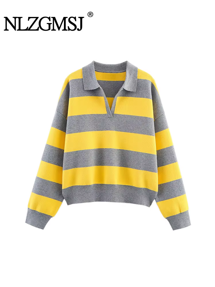 Nlzgmsj 2025 automne haute rue Chic femmes rayé tricoté chandails femmes à manches longues Style Vin