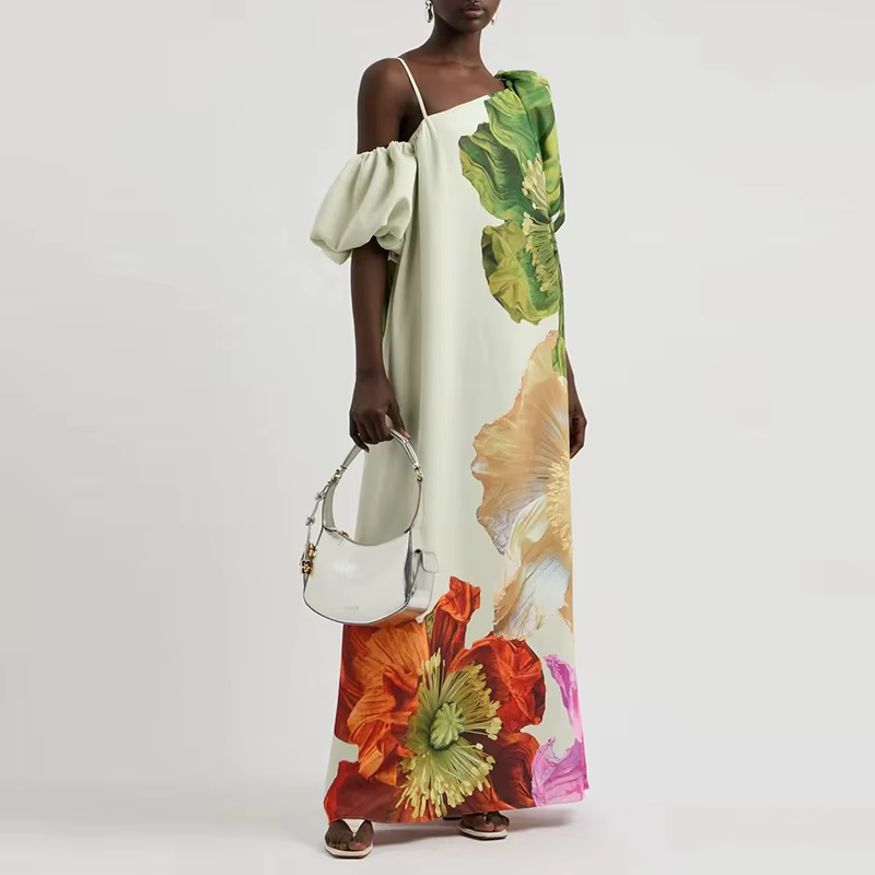 Sexy dame col incliné taille haute Robe Robe plage vacances fleur imprimé tenue décontractée printem