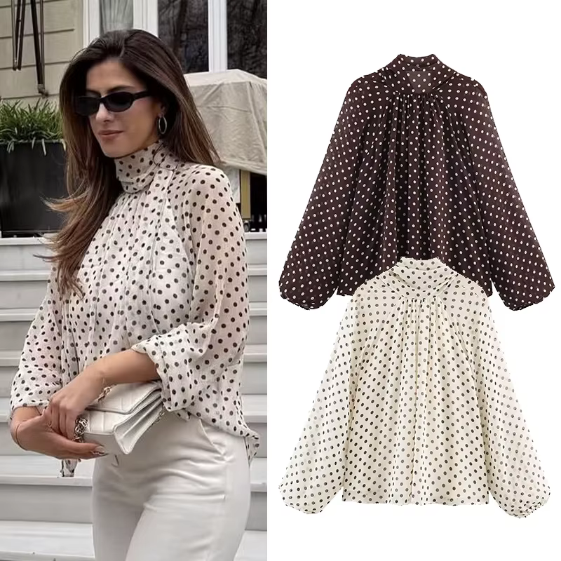 Femmes à pois imprimé Blouse décontracté col haut à manches longues dame haut Simple femmes Blouse f