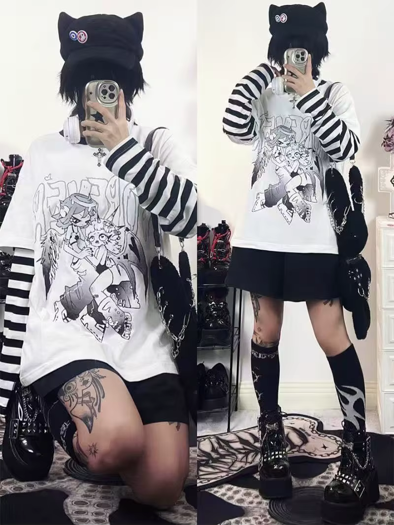 Mode rayure imprimé T-shirts basique t-shirt décontracté surdimensionné Patchwork hauts à manches lo