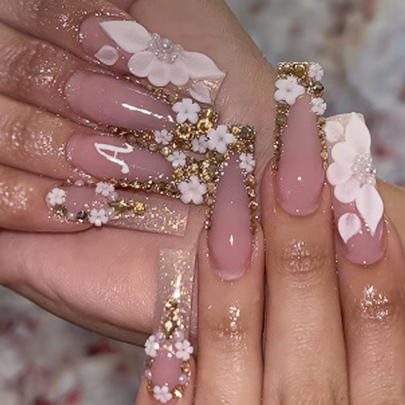 Faux ongles ballerine longs à pression, fleur Serpentine avec strass, faux ongles français, pointes 