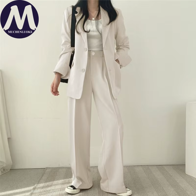 Ensemble deux pièces pour femmes, mode coréenne, blazer à manches longues et pantalon large, décontr