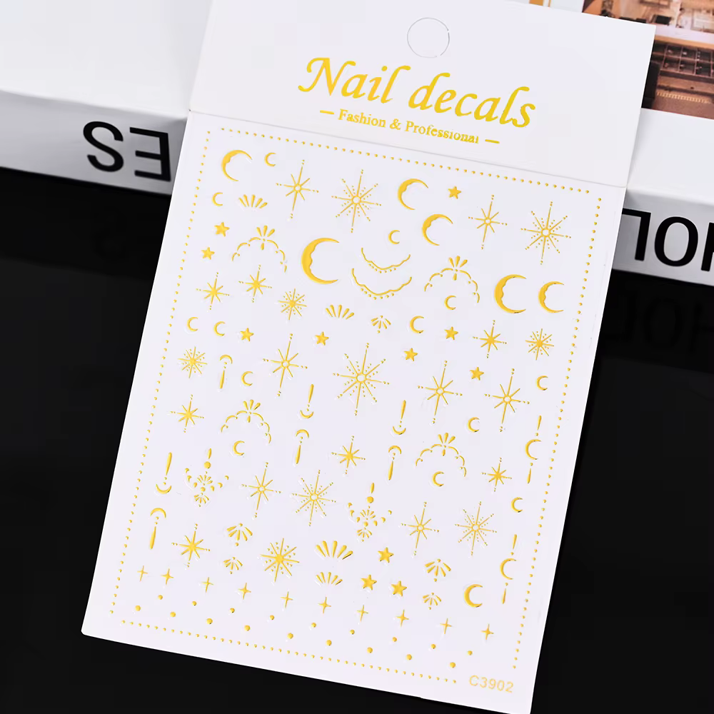 Autocollant 3D doré soleil/lune/étoile bronzant pour Nail Art, 8x10cm, Laser étoile lune, décalcoman