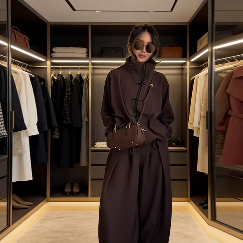 Nouveaux ensembles assortis pour femmes 2026 : Veste chic à col montant unie, pantalon confortable, 