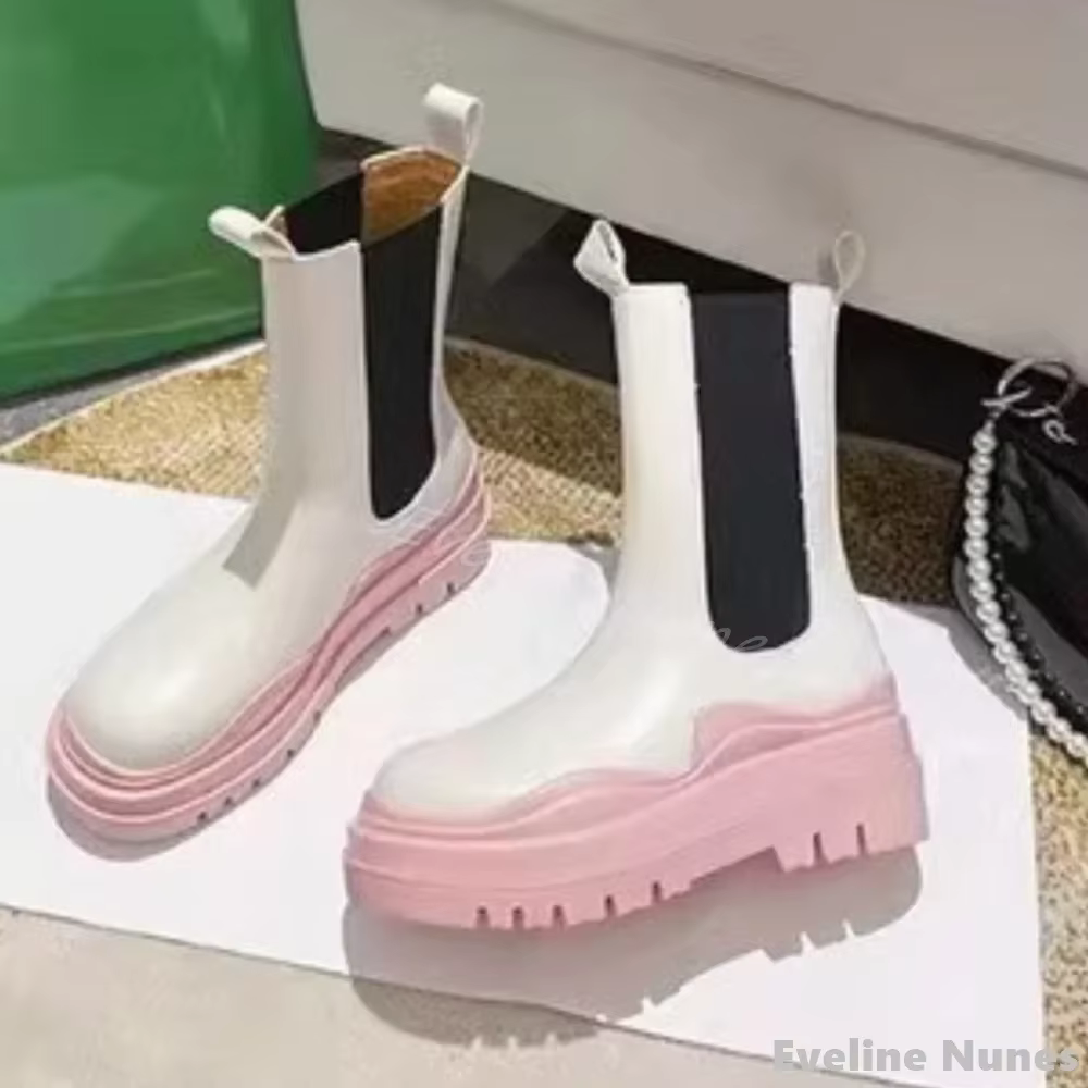 Bottes mi-mollet à semelle optique rose pour femmes, bottes rondes Parker, talon épais, sans lacet, 