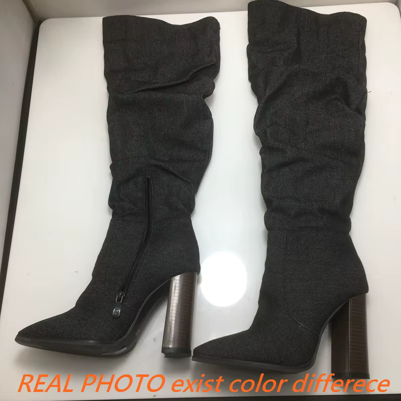 Girseaby femme cuissardes bout carré fermeture éclair plissé bloc talons grande taille 47 48 49 50 d