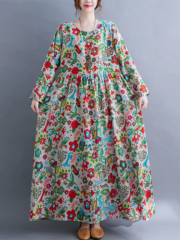 Robe Longue Femme en Coton Imprimé Floral Vintage à Manches Longues Printemps Automne 2026 – Décontr