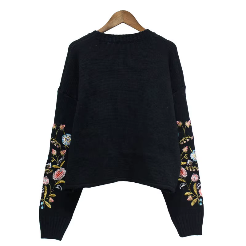 Pull Vintage brodé à col rond et fleurs pour femme, haut ample, coréen, à manches longues, à la mode