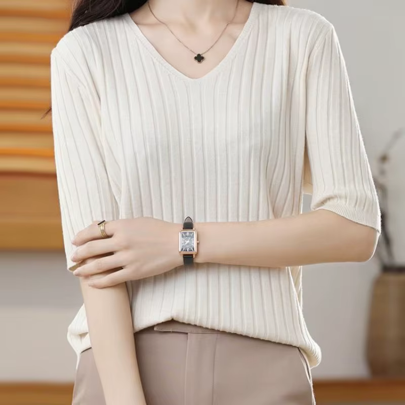 Pull tricoté en cachemire à manches courtes et col en v pour femme, pull de couleur unie, nouvelle c