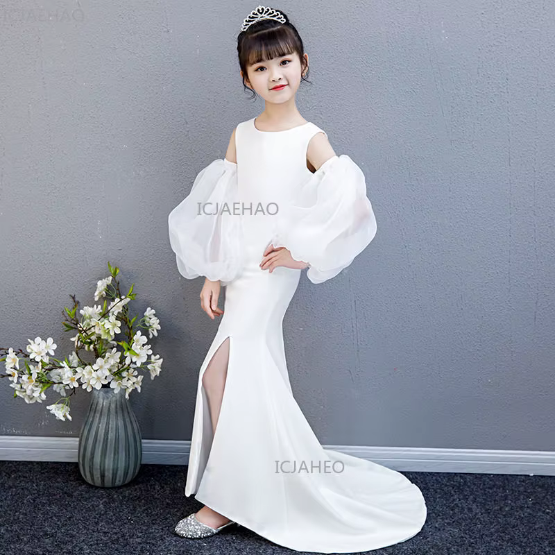 Robe sirène blanche sans bretelles pour filles avec traîne, tenue de cérémonie pour fête, costume de