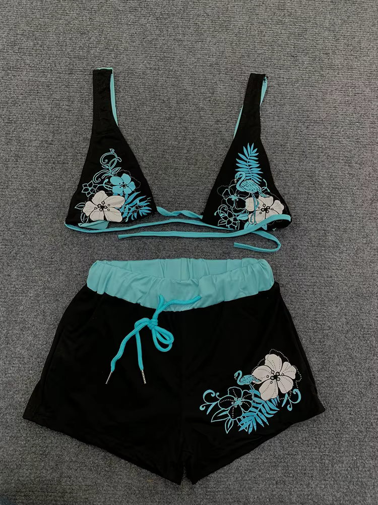 Été plage Ins mode chaude Sexy dames fendu deux pièces Bikini beau Vintage contraste fleur imprimé s