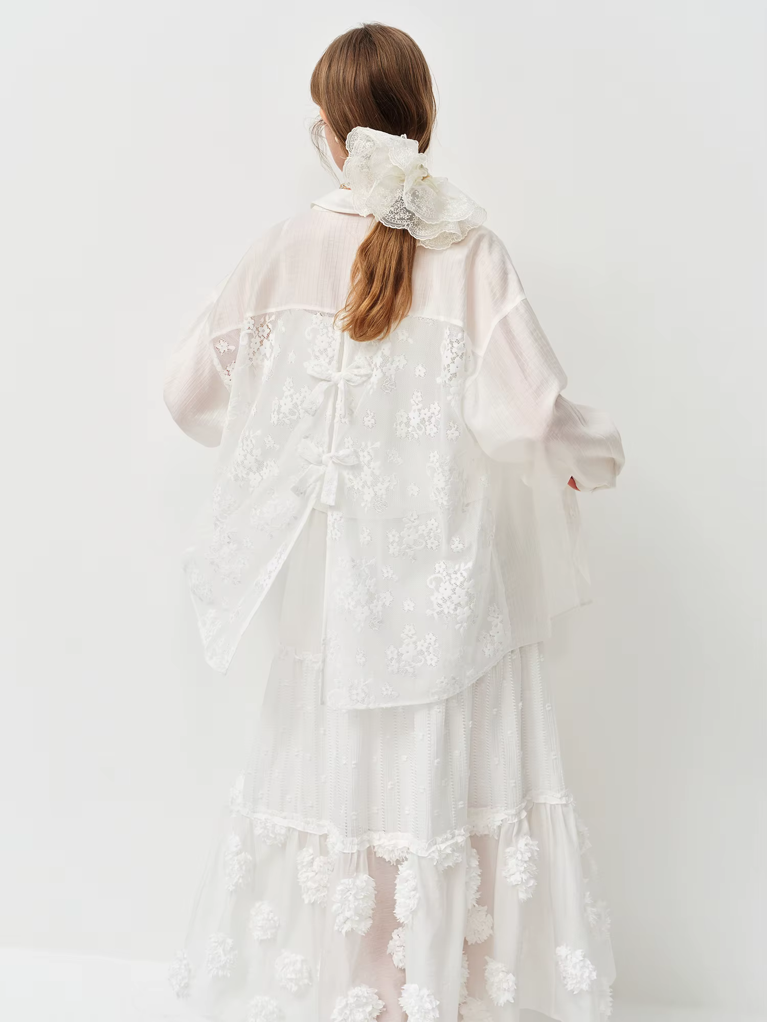 Chemisier blanc à nœud et dentelle pour femme FSLE 2026, col en V, manches courtes, chemise de créat