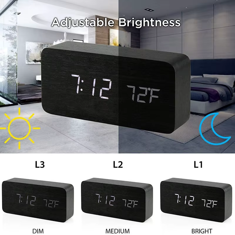 Réveil numérique en bois, réveil LED avec température, horloges de bureau pour bureau, horloge de ch