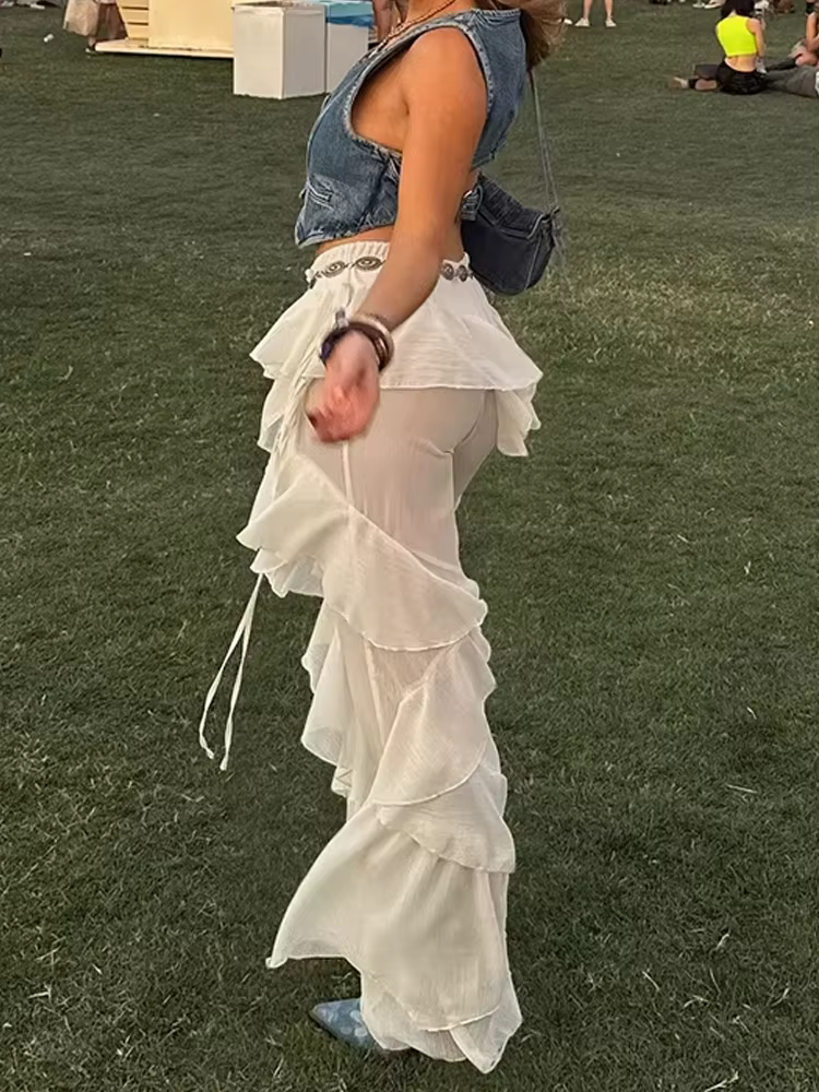 Pantalon évasé à plusieurs niveaux irréguliers pour femmes, Y2K, Patchwork transparent, Hipster d'ét