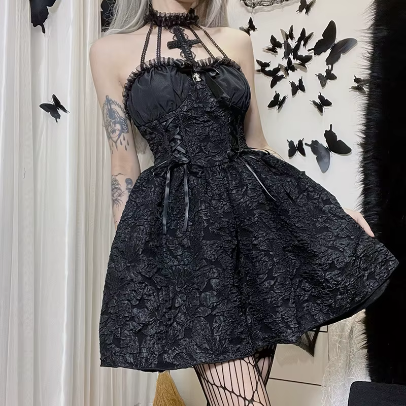 Mini robe gothique noire vintage pour femmes, robes taille haute, bretelles spaghetti sexy, punk gru