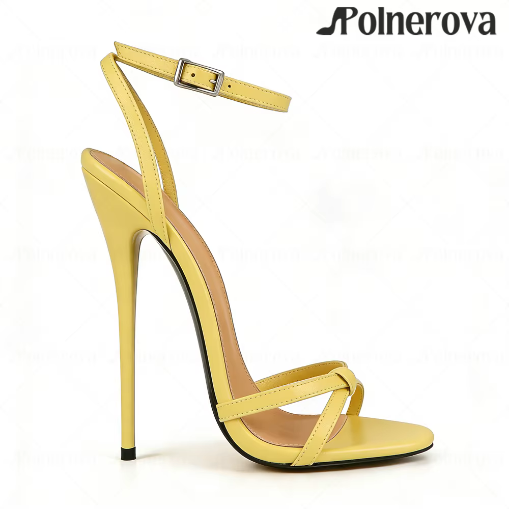 Sandales à talon laqué de 16 cm, style concis, bout rond ouvert, talons hauts, bride de cheville, bo