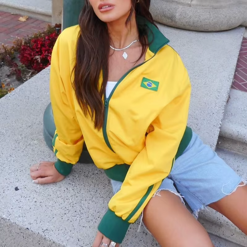 Vestes Gothiques Rétro Grunge des Années 2000, Manteau Y2k Esthétique PVD Jaune Brésil Lettre Brodée