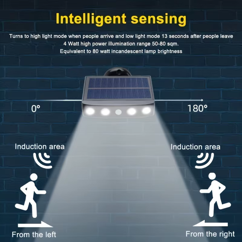 Lampes de sécurité solaires étanches à 4 LED pour décoration extérieure, détecteur de mouvement, 3 m