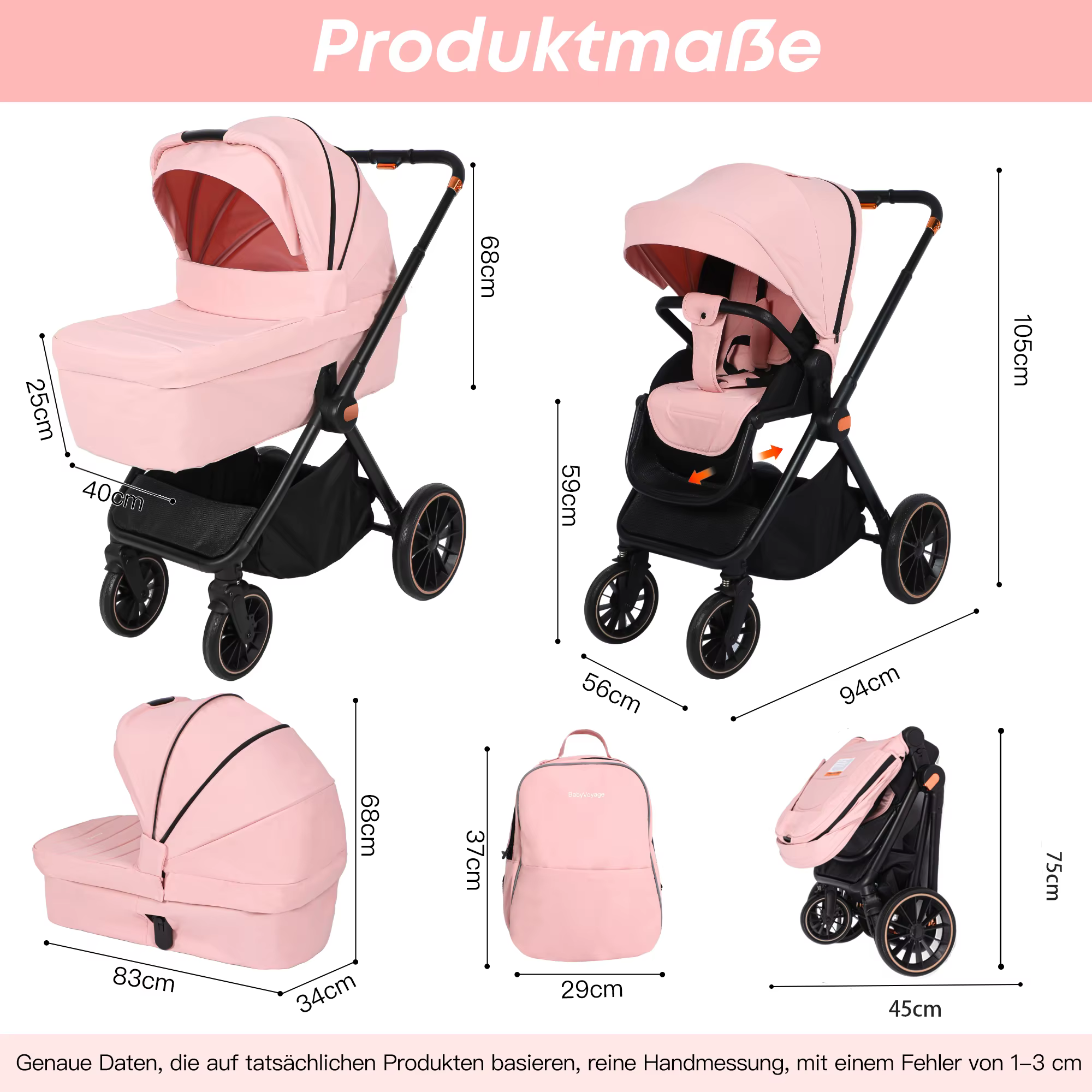 Poussette bébé 4 en 1 avec siège auto pour bébé et base ISOFIX, poussette réversible multifonctionne