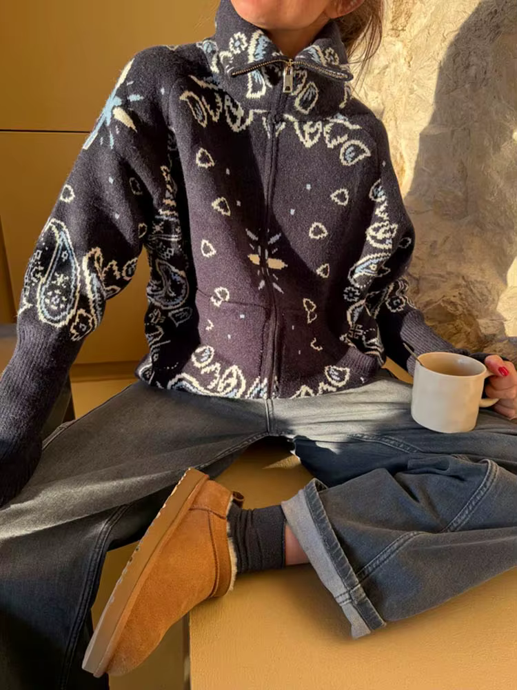 Cardigan Vintage en tricot Jacquard à col montant pour femme, fermeture éclair, manches longues, poc
