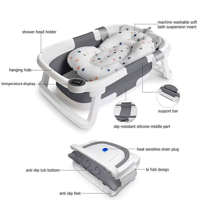 Baignoire pliable pour bébé avec capteur de température et coussin doux, en PP+TPR non toxique, bass