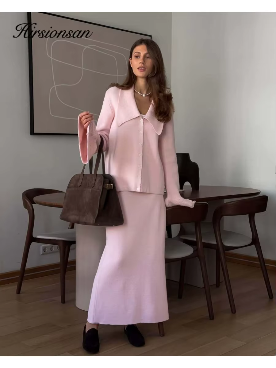 Hirsionsan Sexy doux élégant Vintage femmes costumes 2 pièces femmes ensembles col Polo Cardigan pul