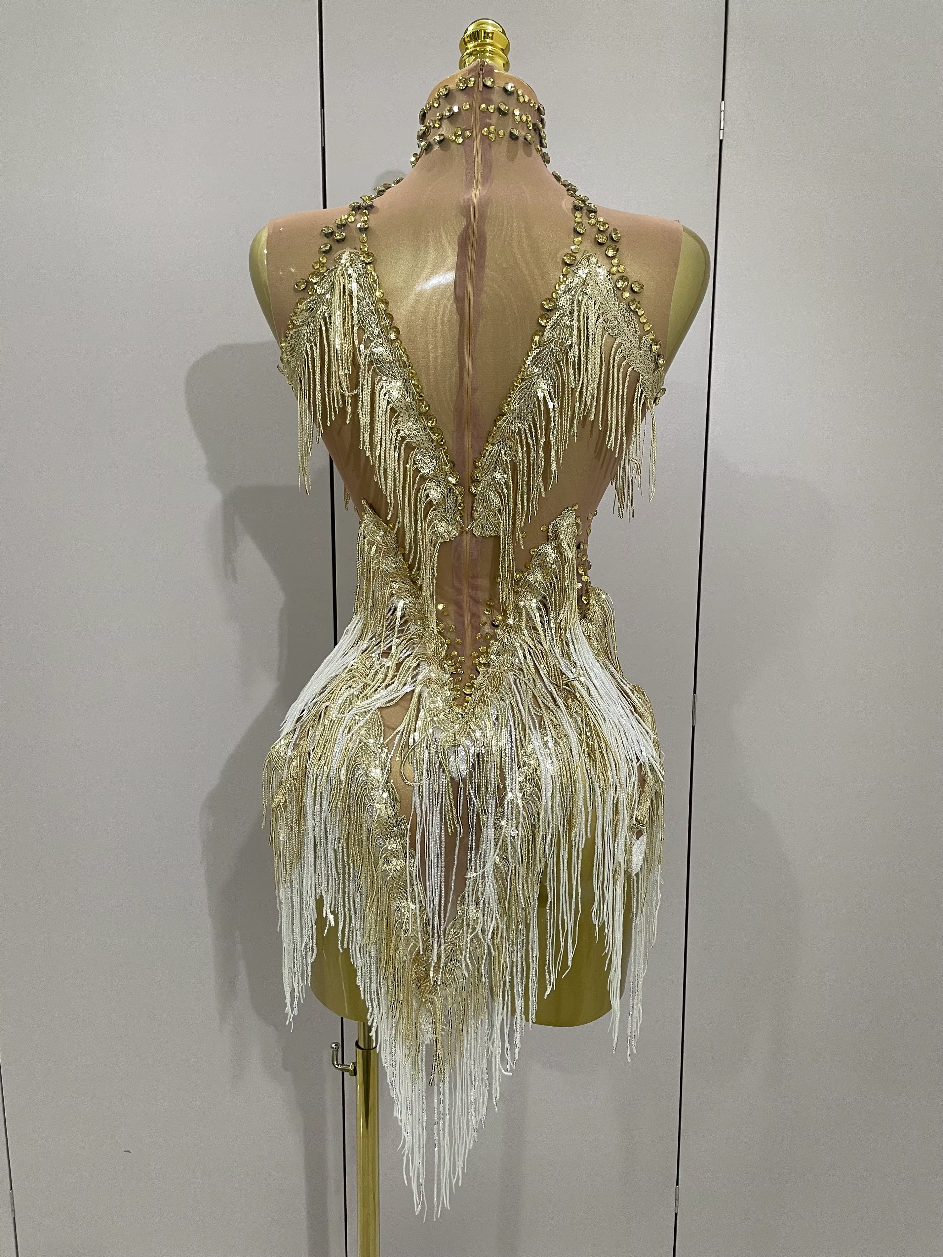 Stock 2025 femmes Sexy maille extensible brillant strass glands Mini robe discothèque chanteur danse